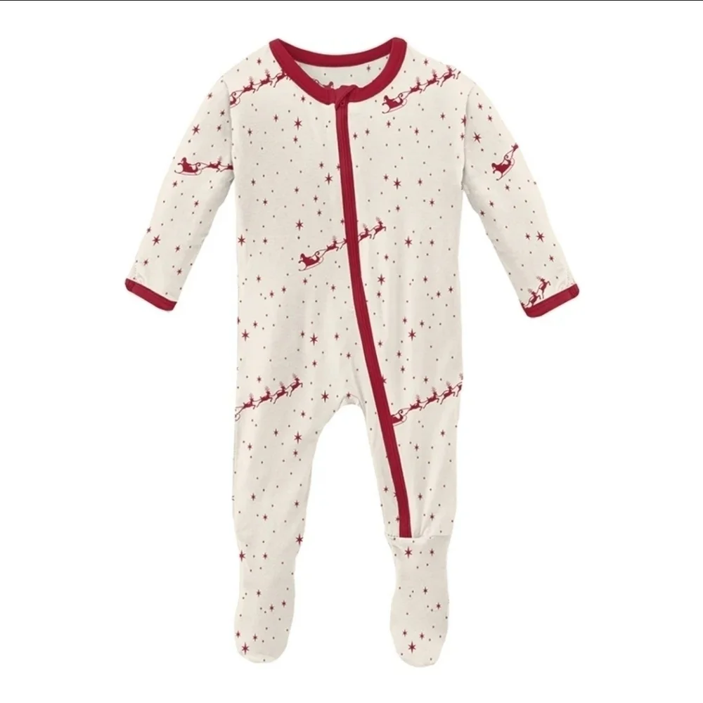 KicKee Pants Santa Sleigh Footed Bamboo Zip Up Pajamas Size 0-3 Months